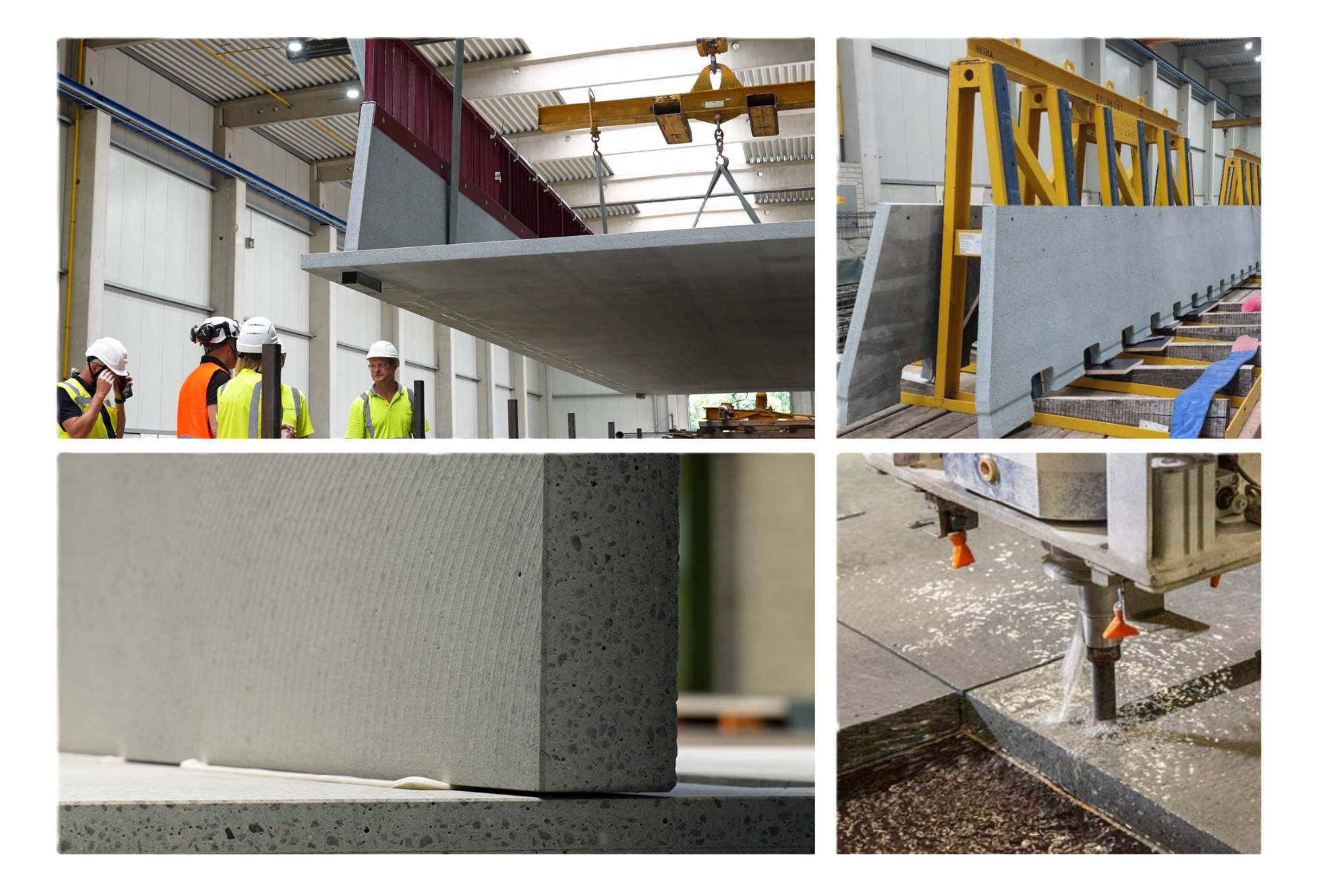 Leistungsübersicht der CPC-Technologie: Kran-Transport, Lagerung auf A-Böcken und CNC-Bearbeitung von Carbonbeton-Platten.